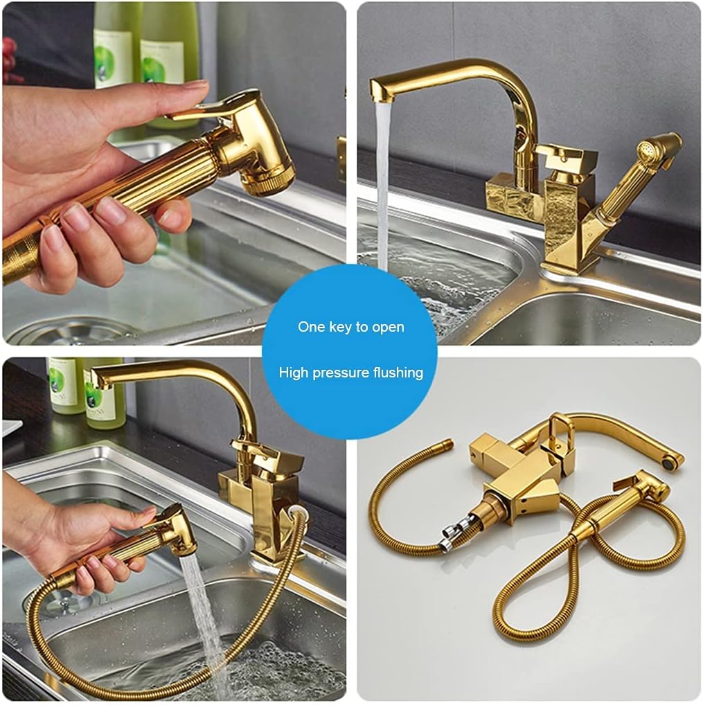 KITCHEN SINK Gold Single Bowl Sink Drop-in Or Undermount with Multi-functional Pull-Out Faucet and Installation Kit Suitable for Kitchen Or Bar (Color : Gold, Size : 45×40×21cm) (Gold 45×40×21cm)