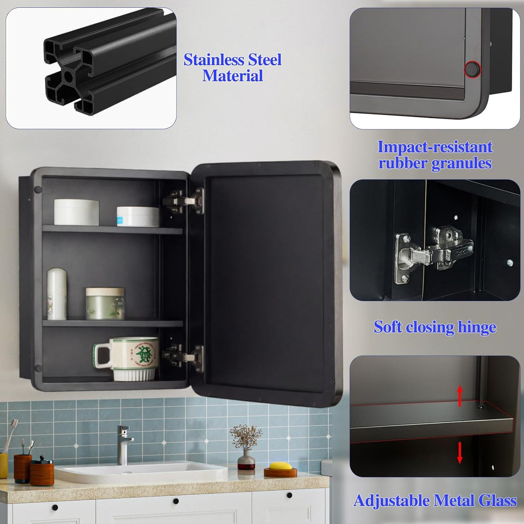20' x 20' Bathroom Medicine Cabinet, Recessed or Surface Mount Square Mirror Cabinet with Stainless Steel Frame,Adjustable Metal Shelves, Wall Mounted Vanity Mirror with Bathroom Storage