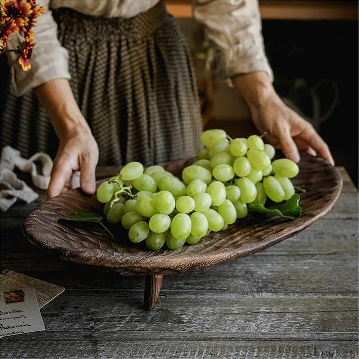 Natural Wood Fruit Tray, Vintage Countryside Style Large Oval Plate - INS Nordic Breakfast Snack Tray, Beautiful Home Decor(Color2)