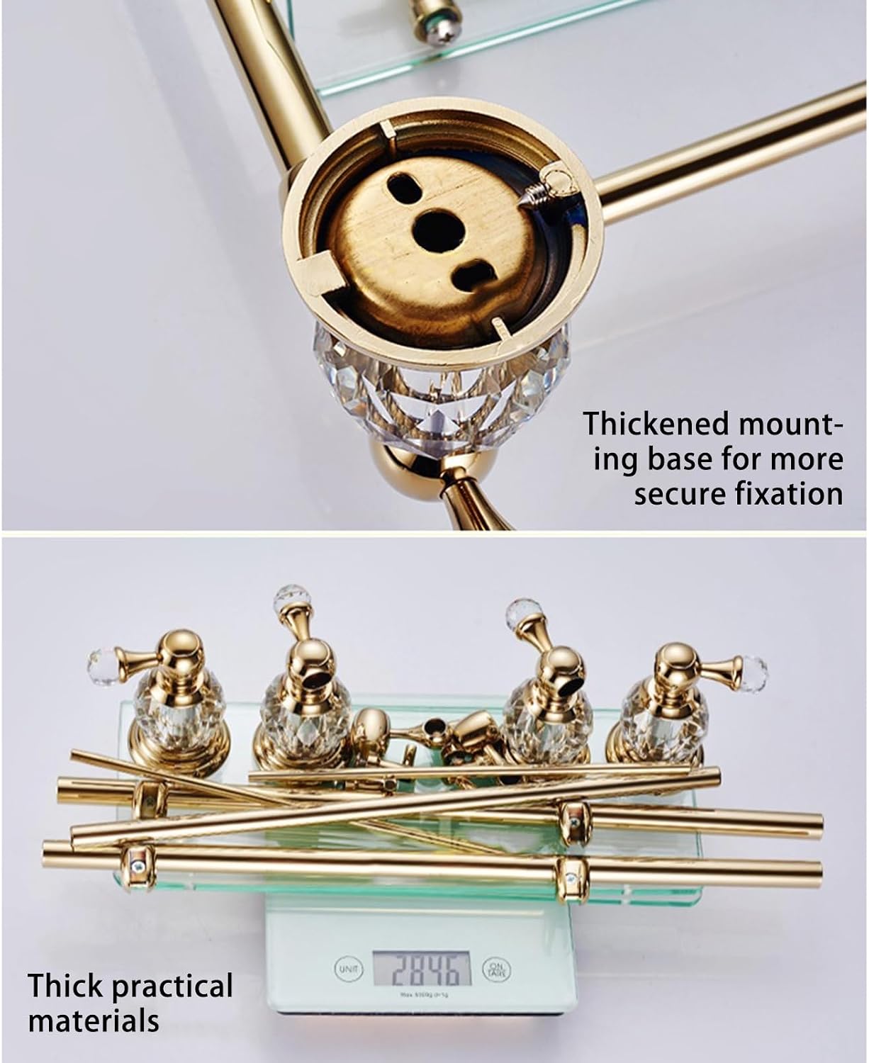 2-Tier Gold Wall Mounted Tempered Glass Bathroom Shelf with Towel Rack - Modern, Contemporary Style