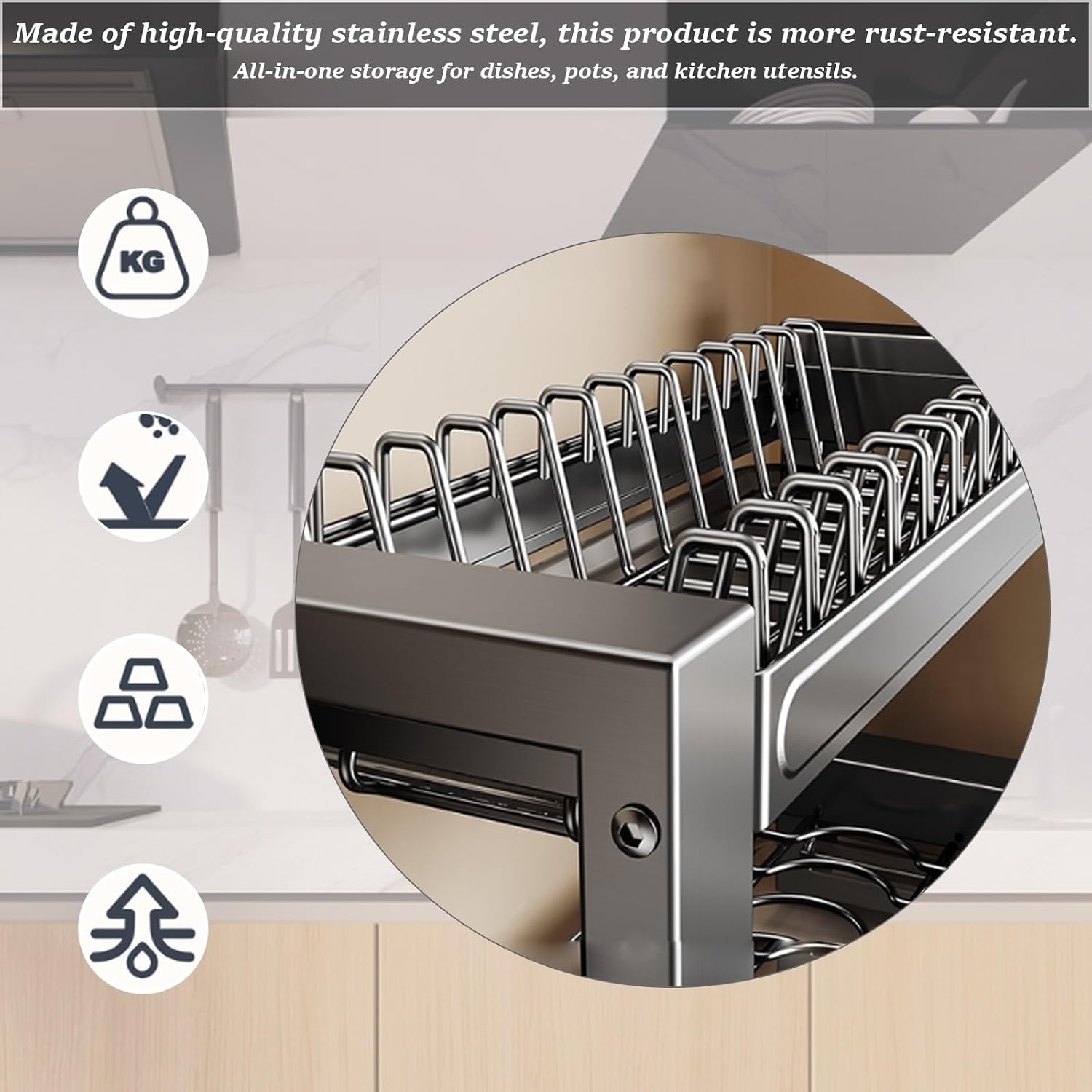 Double-Layer Multi-Functional Dish Rack for Storage and drainingStainless Steel Dish Rack,Drain Rack,Kitchen Storage Rack,Bowl Holder,Dish Cabinet,304 Household use(Triple Layer,53