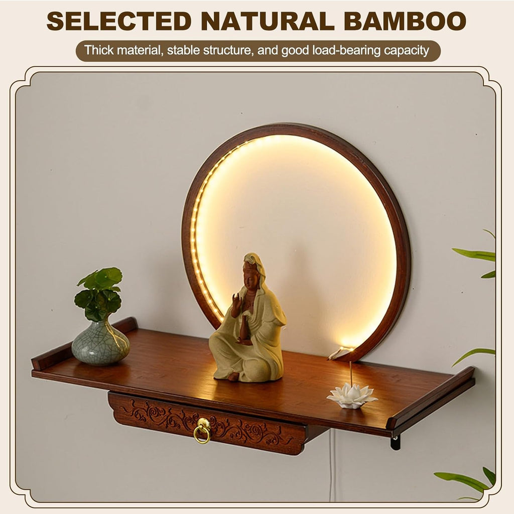 HARELA Wall-Mounted Personal Shrine Altar Table, Buddha Altar Shelf Shrine with LED Light, Retractable Bamboo Prayer Offering Table for Incense, Idols, and Worship Supplies(Reddish Brown,60cm/23.6in)