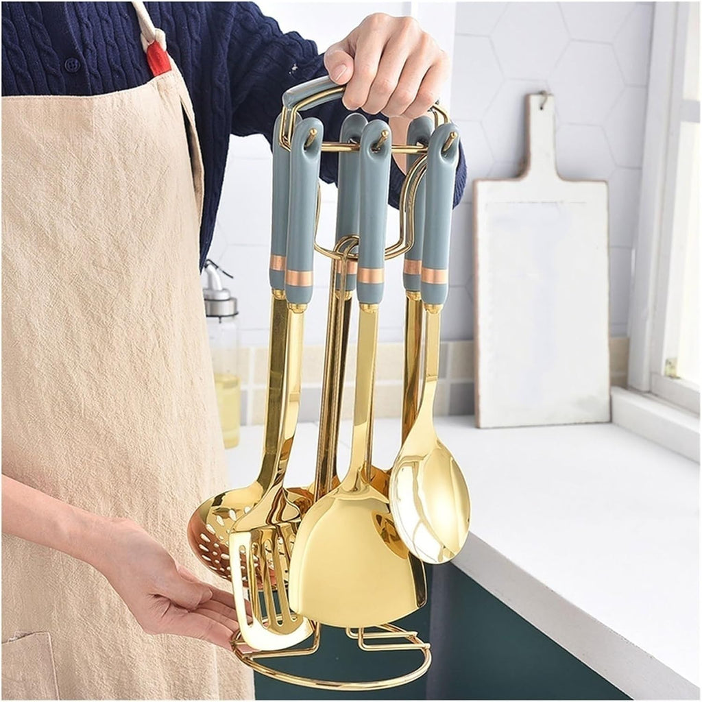 Kitchen Tools Spoons for Cooking Spatulas Cooking Utensils 7 Pieces Stainless Steel Ceramic Cookware Dining Gadgets Sets (Blue)