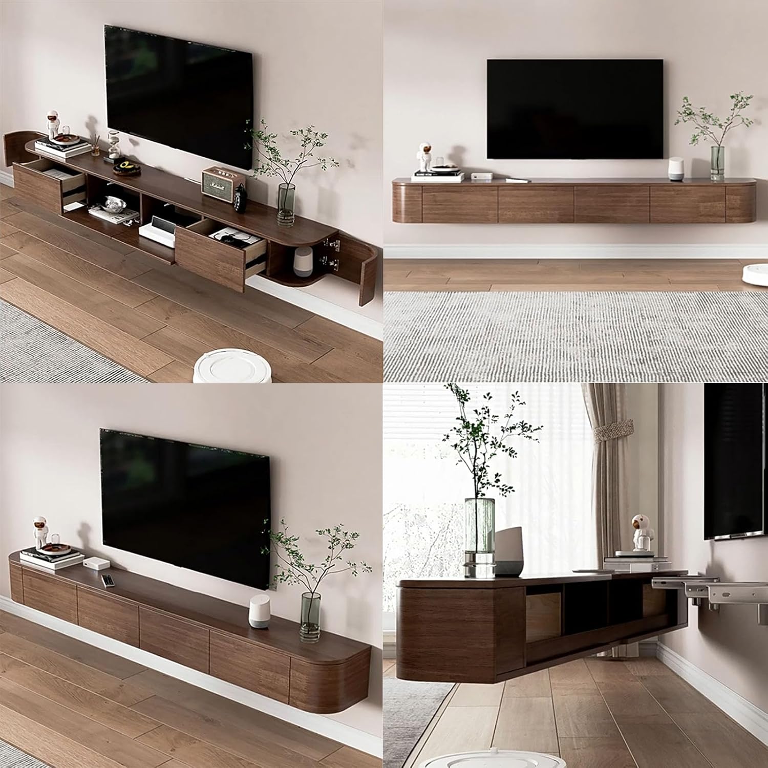 Floating TV Stand Large Floating TV Shelves Wall Mounted Multi Storage Compartment TV Media Console Floating TV Cabinet Bench Under TV Large Storage (Brown with LED, 63.0 * 7.9 * 11.8 in)