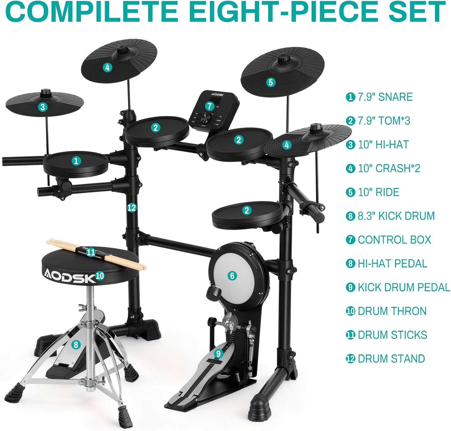 AODSK Electric Drum Set for Beginners with 241 Sounds,4 Quiet Drum Pads,2 Pedal,Throne,Sticks,Electronic Drum with Headphone,AED-400pro