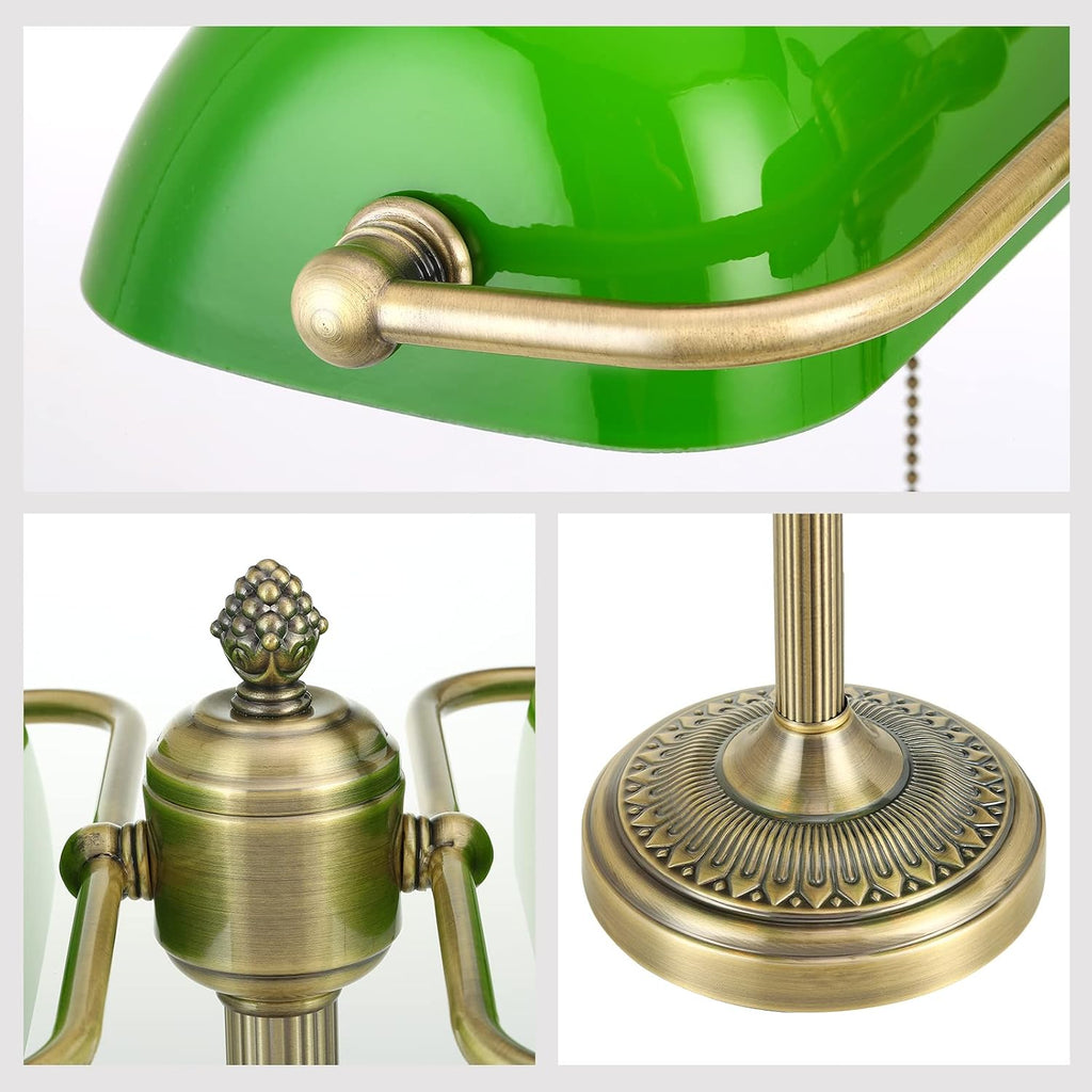 Green Double Head Glass Bankers Desk Lamp with Pull Chain Switch Plug in Fixture for Library, Office, Cafe