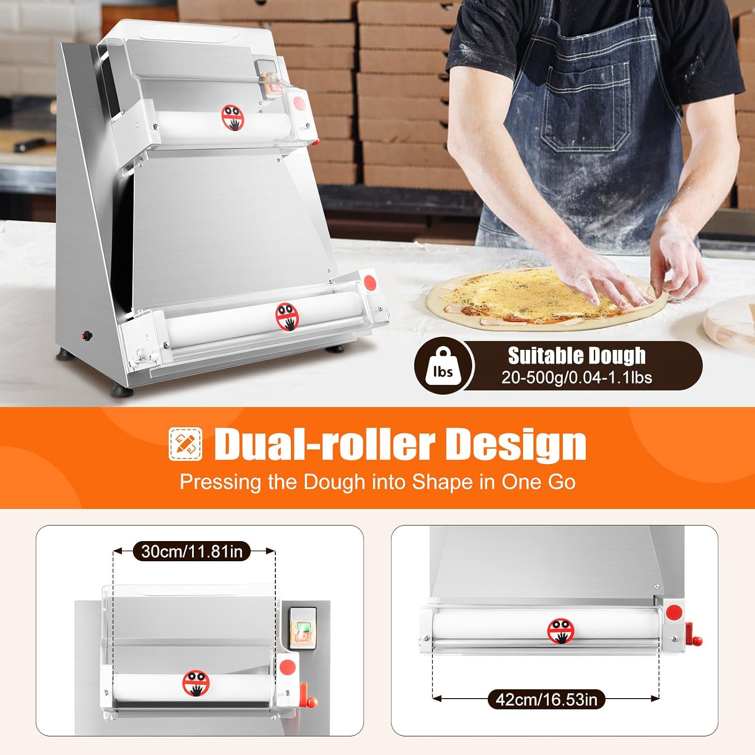 Pizza Dough Roller Sheeter, 4-16' 110V 370W Commercial Electric Automatic Pizza Press Making Rolling Machine Stainless Steel Adjustable Thickness Dough Machine for Noodle Pizza Bread & Pasta Maker