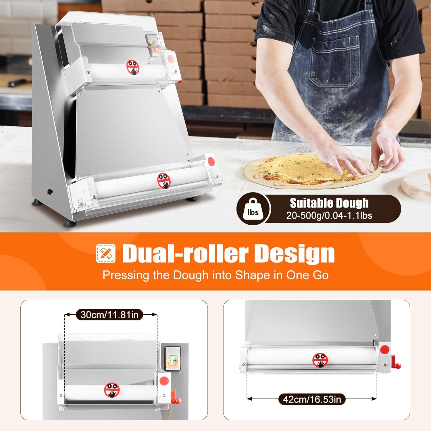 Pizza Press Dough Roller Sheeter,4-12' Commercial Electric Automatic Pizza Making Rolling Machine,Adjustable Thickness Heavy Duty Pasta Maker for Various Types of Dough (370W)
