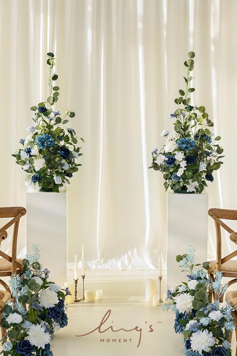 Ling's moment 41' Tall Free Standing Artificial Flowers Arrangements 2 pcs Wedding Arch Altar Stage Decorations Dusty Blue Navy for Ceremony Reception Silk Rose Fake Floral Party Outdoor Beach Decor