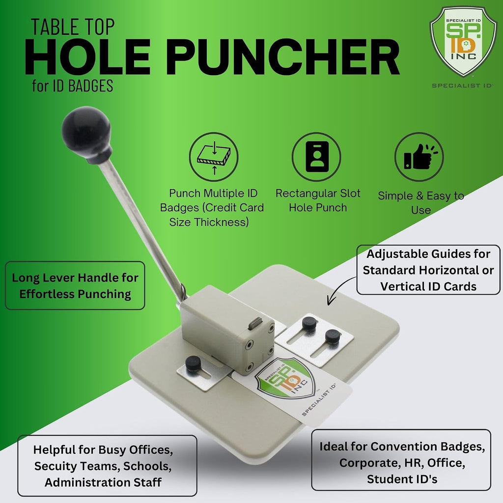 Heavy Duty Table Top Slot Punch for ID Card Badges with Precision Adjustable Top & Side Slide Guides - Badge Hole Puncher for Standard Horizontal & Vertical I'd Cards by Specialist ID