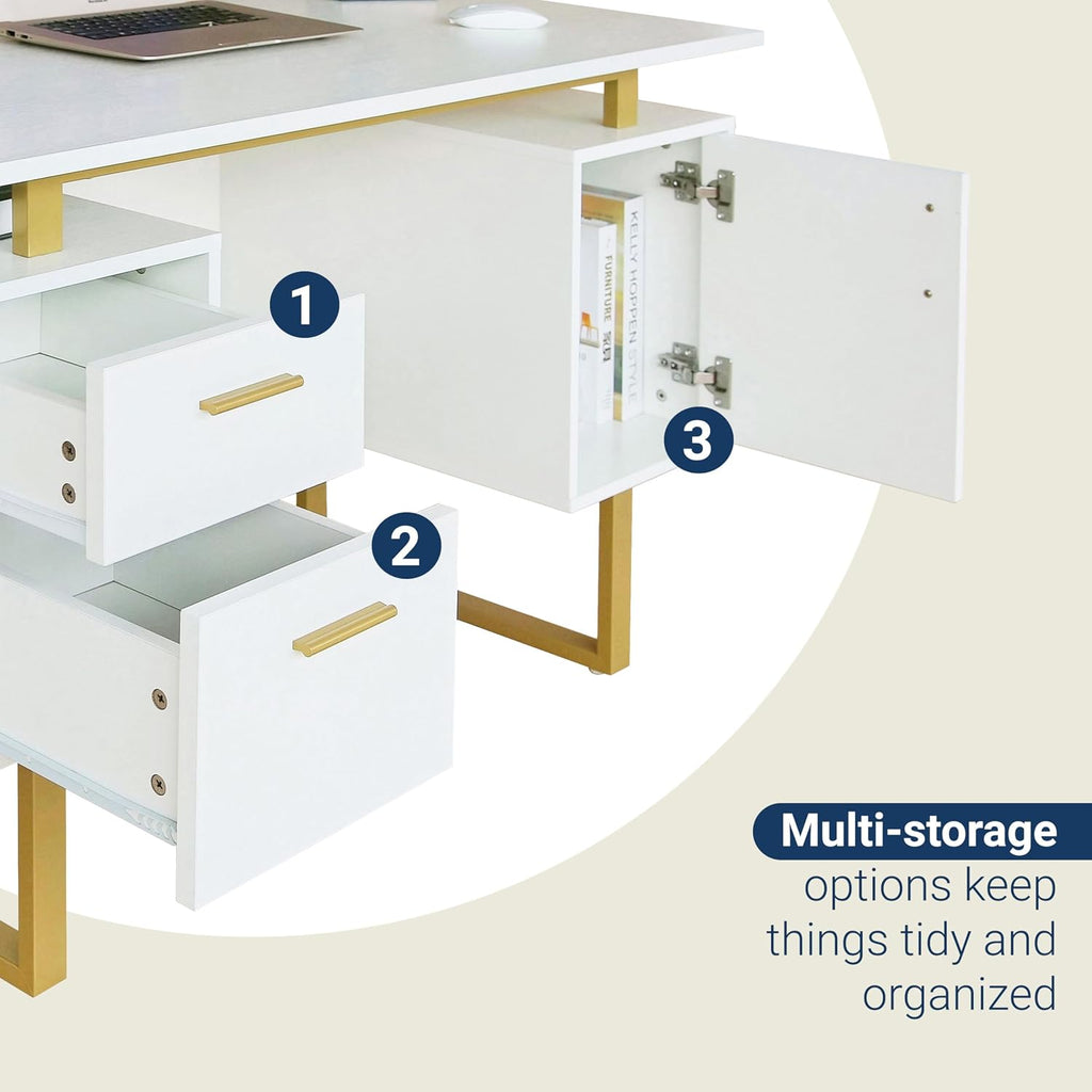 Techni Mobili Storage Drawers and Cabinet 51.25' W-Modern Office Large Floating Desktop Surface Desk, 23.6' D x 51.2' W x 29.8' H, White/Gold