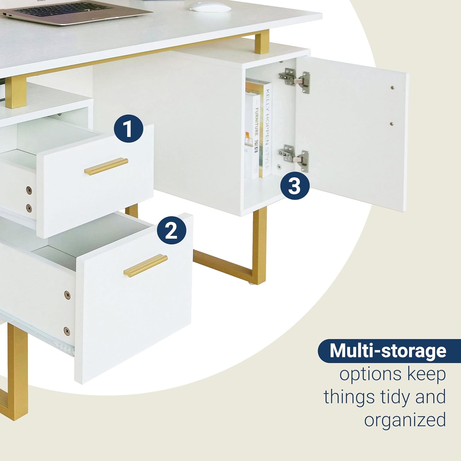 Techni Mobili Storage Drawers and Cabinet 51.25' W-Modern Office Large Floating Desktop Surface Desk, 23.6' D x 51.2' W x 29.8' H, White/Gold