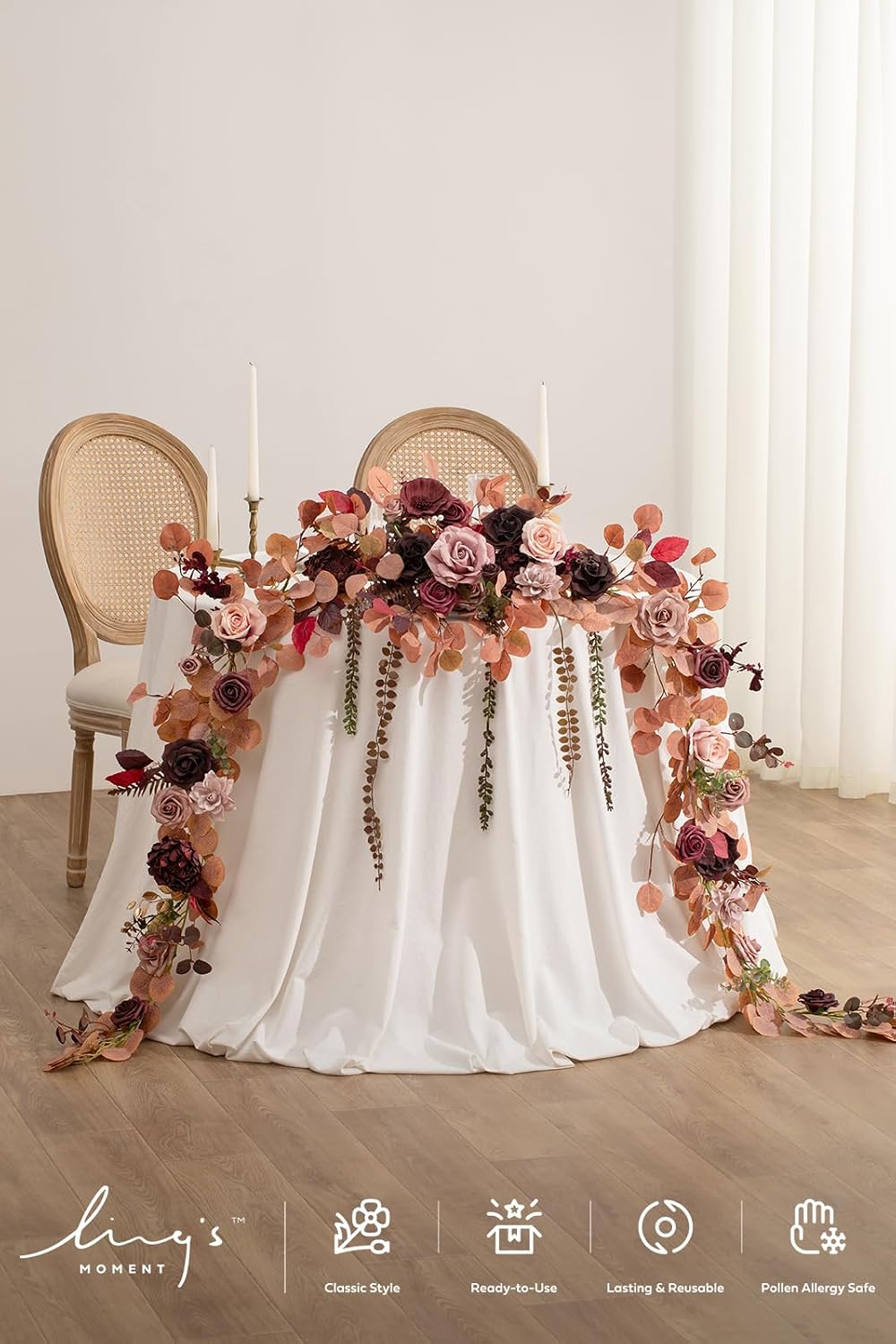 Ling's moment 9FT Eucalyptus and Willow Leaf Garland with White Flower, Handcrafted Wedding Sweetheart Table Centerpieces Head Table Decor Arch Backdrop Decorations for Wedding | Burgundy & Dusty rose