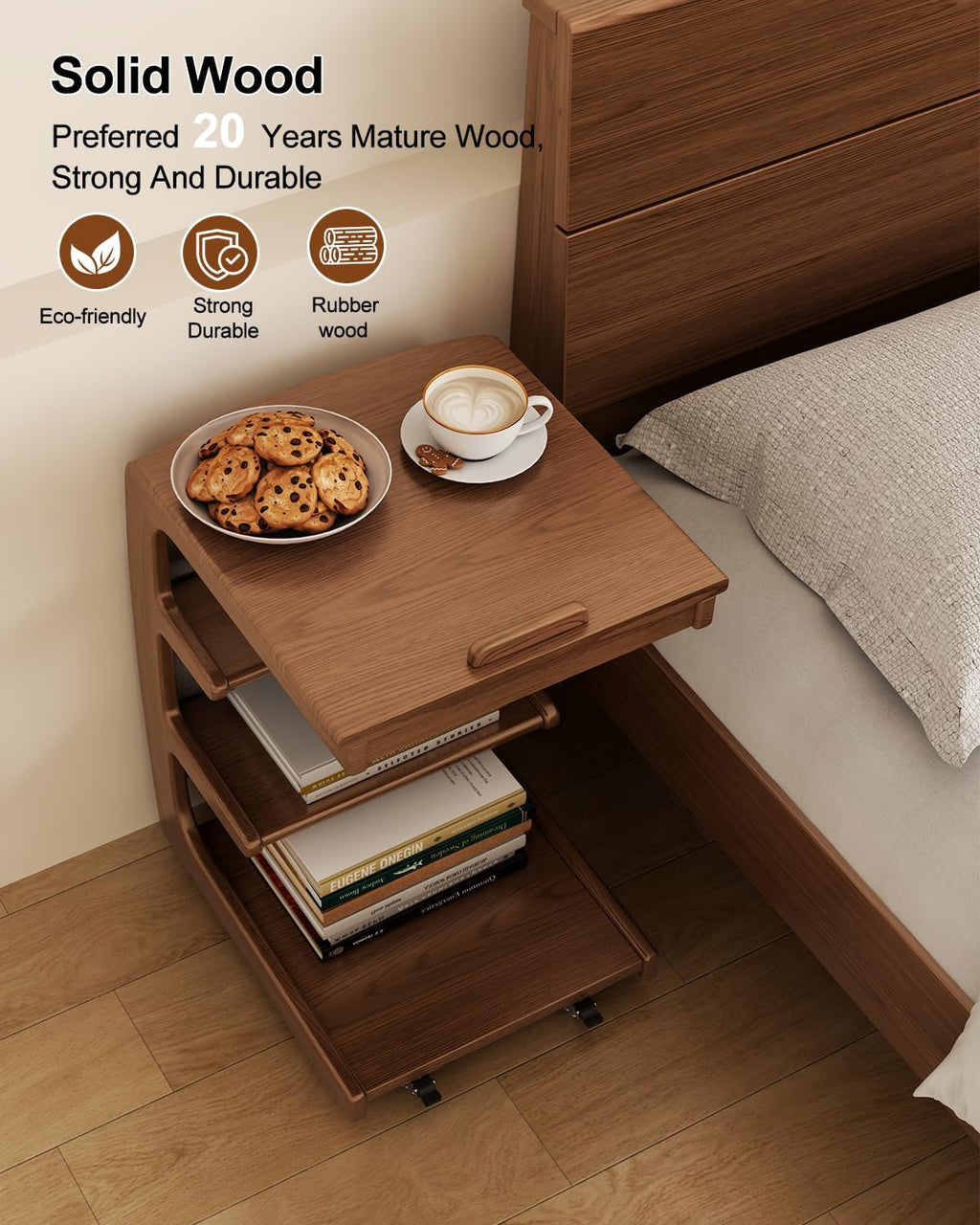 AQIMUELE Rolling Side Table, C Shaped End Table, C Table with 4 Wheels Solid Wood Small Rolling Desk with Adjustable Desktop,C Shaped End Table for Couch(15.6' D x 15.7' W x 24.3' H