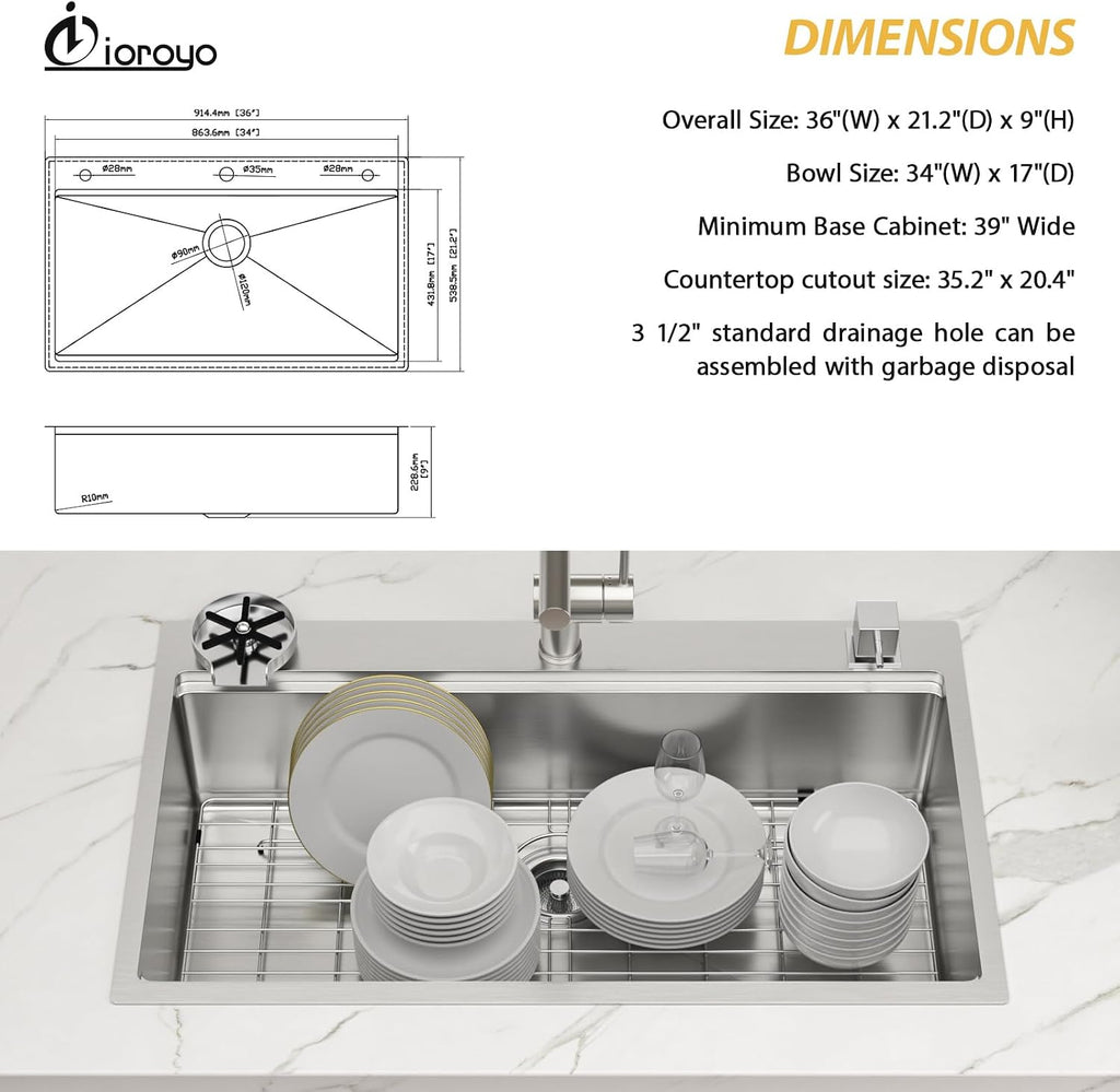 36 inch Drop in Kitchen Sink Workstation Large Kitchen Sink 16 Gauge Topmount Stainless Steel Over Counter Single bowl 36x22 sink Basin with Mixing Bowl