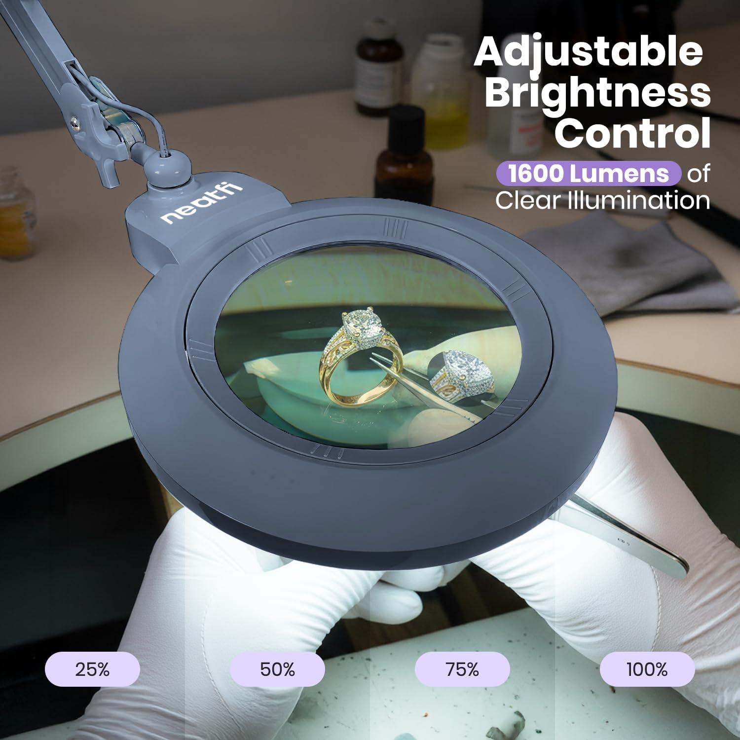 Neatfi XL Bifocal LED Magnifying Lamp, 7' Acrylic Lens, 2.25X/6X Magnification, 1,600 Lumens Dimmable | Hands-Free Close Work | Crafting, Jewelry & Reading (Gray, 7-inch Lens, Non-CCT with Clamp)