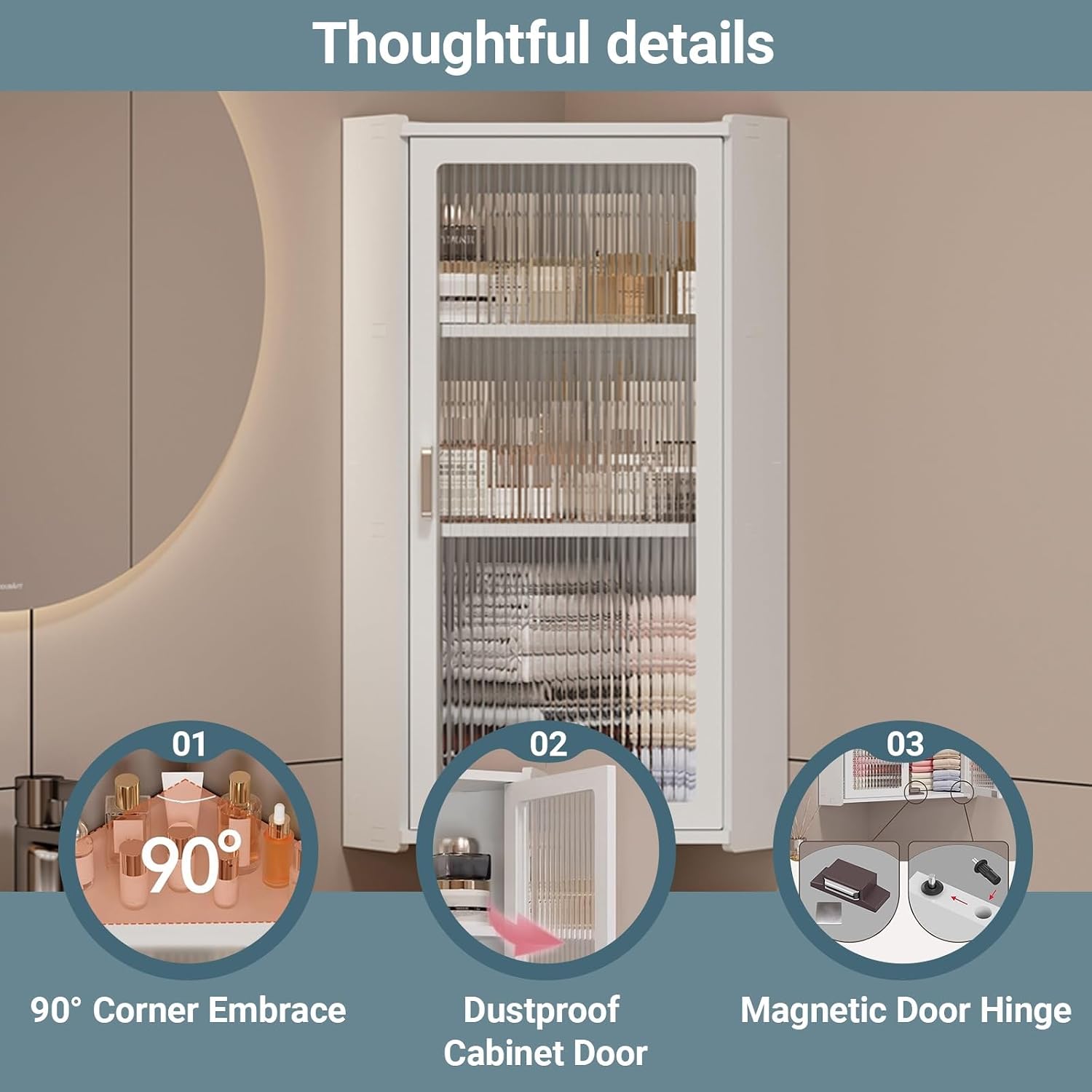 3-Tier Wall Mounted Corner Glass Door Storage Cabinet Bathroom and Kitchen with Door Cabinet Storage Narrow for Bedroom, Living Room, Bathroom, Kitchen(White,30*30*70cm/11.8*11.8*27.6in)