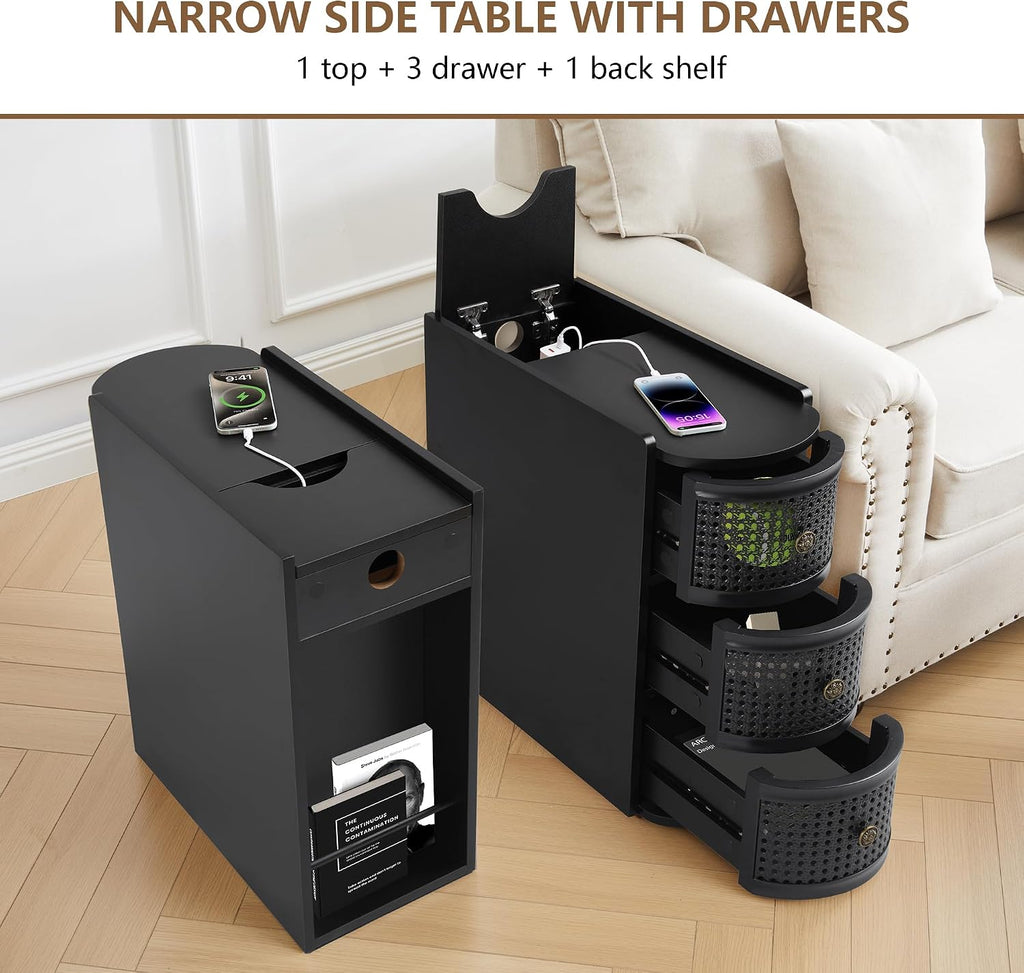 Metal Rattan Narrow End Table with Charging Station, Black Side Table with Drawers Storage, Small Night Stand with Power Outlets and USB Ports for Living Room