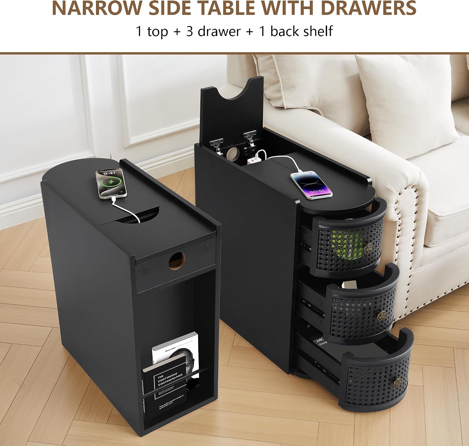 Metal Rattan Narrow End Table with Charging Station, Black Side Table with Drawers Storage, Small Night Stand with Power Outlets and USB Ports for Living Room