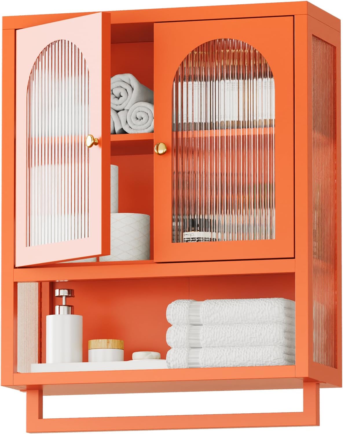 ALBAD Metal Bathroom Wall Cabinet with Fluted Glass Door and Towel Bar Wall-Mounted Medicine Cabinets Over the Toilet for Modern Bathroom, Kitchen, Garage, Laundry Room, Orange