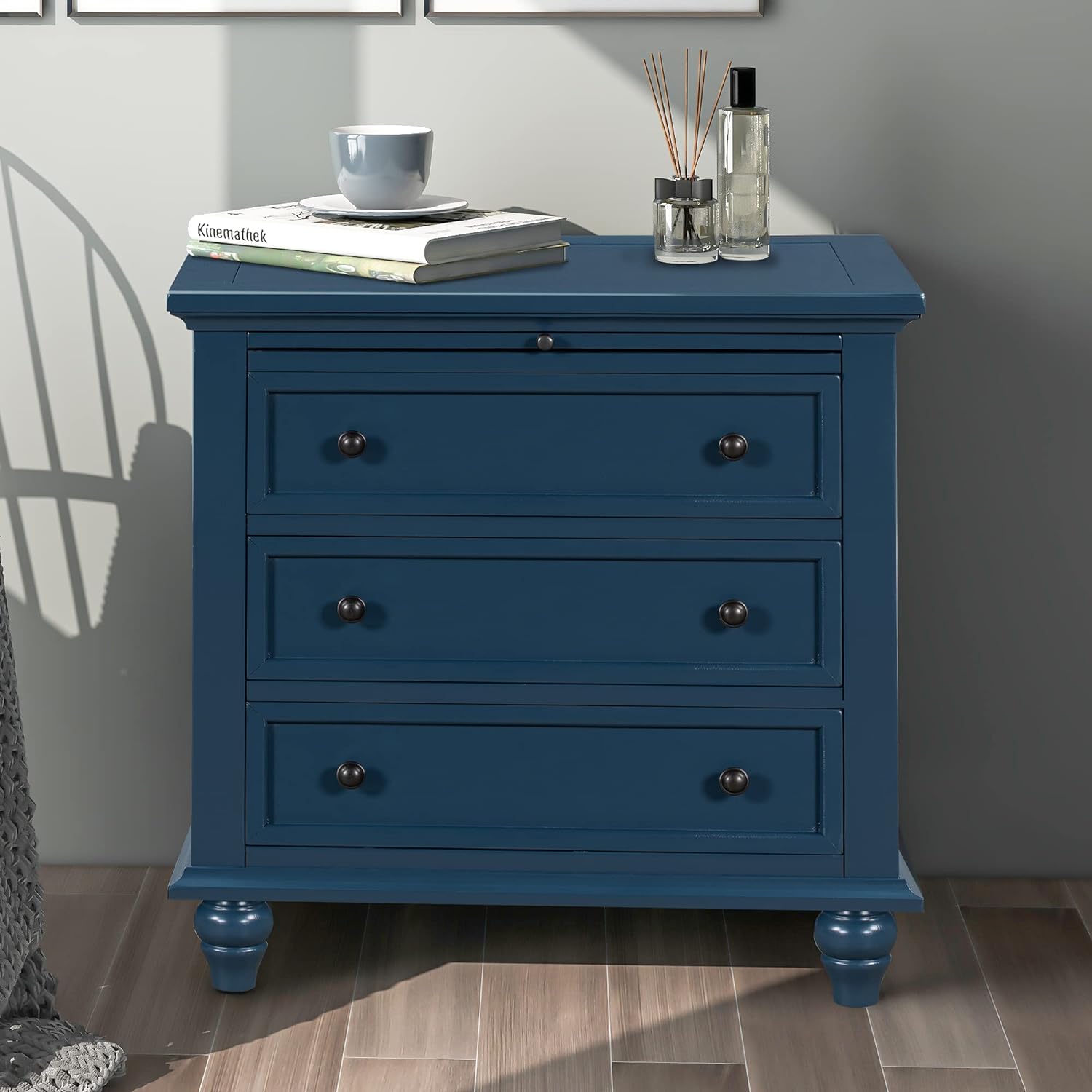 Modern Storage Wood Cabinet with 3-Drawer, Sofa Table Console Table End Table with Pull Out Tray, Accent Table Furniture for Entryway Living Room Bedroom, Fully Assembly Bedside Table (Blue)