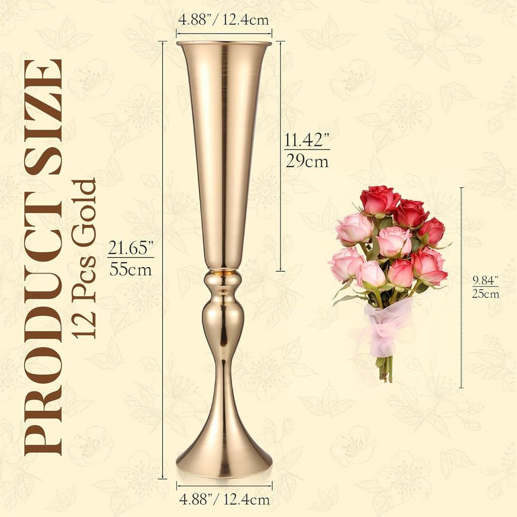 12 Pcs Tall Gold Trumpet Vases for Centerpieces & Wedding Tables - 21.65' Tall Gold Flower Vase Set with Weighted Base, Metal Trumpet Centerpieces for Tables (Bases para Centros de Mesa)