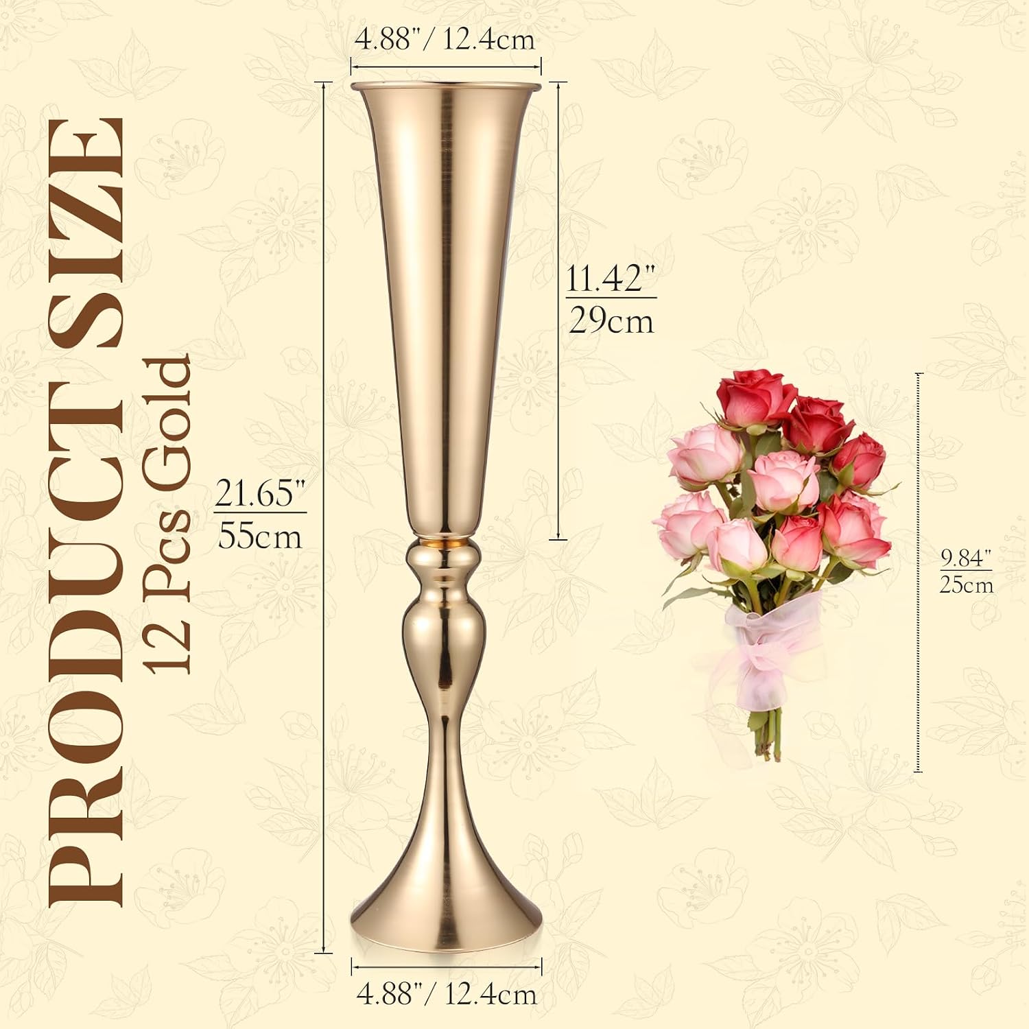 12 Pcs Tall Gold Trumpet Vases for Centerpieces & Wedding Tables - 21.65' Tall Gold Flower Vase Set with Weighted Base, Metal Trumpet Centerpieces for Tables (Bases para Centros de Mesa)