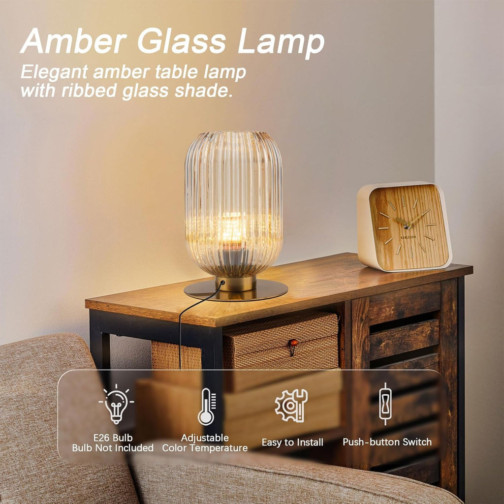Table Lamp for Bedroom Nightstand Set of 2, Midcentury Modern Table Lamp Living Room Small End Table lamp, Amber Glass Bedside Lamp Gold Bedside Lamp with On/Off Switch on Plug in Cord