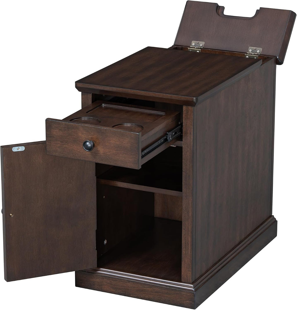 Multifunctional Classic Vintage End Table with USB Ports and 1 Drawer with Cup Holders, Sofa Side Narrow Table with Storage, Bedside Nightstand for Living Room Bedroom (Antique Espresso-4.3)