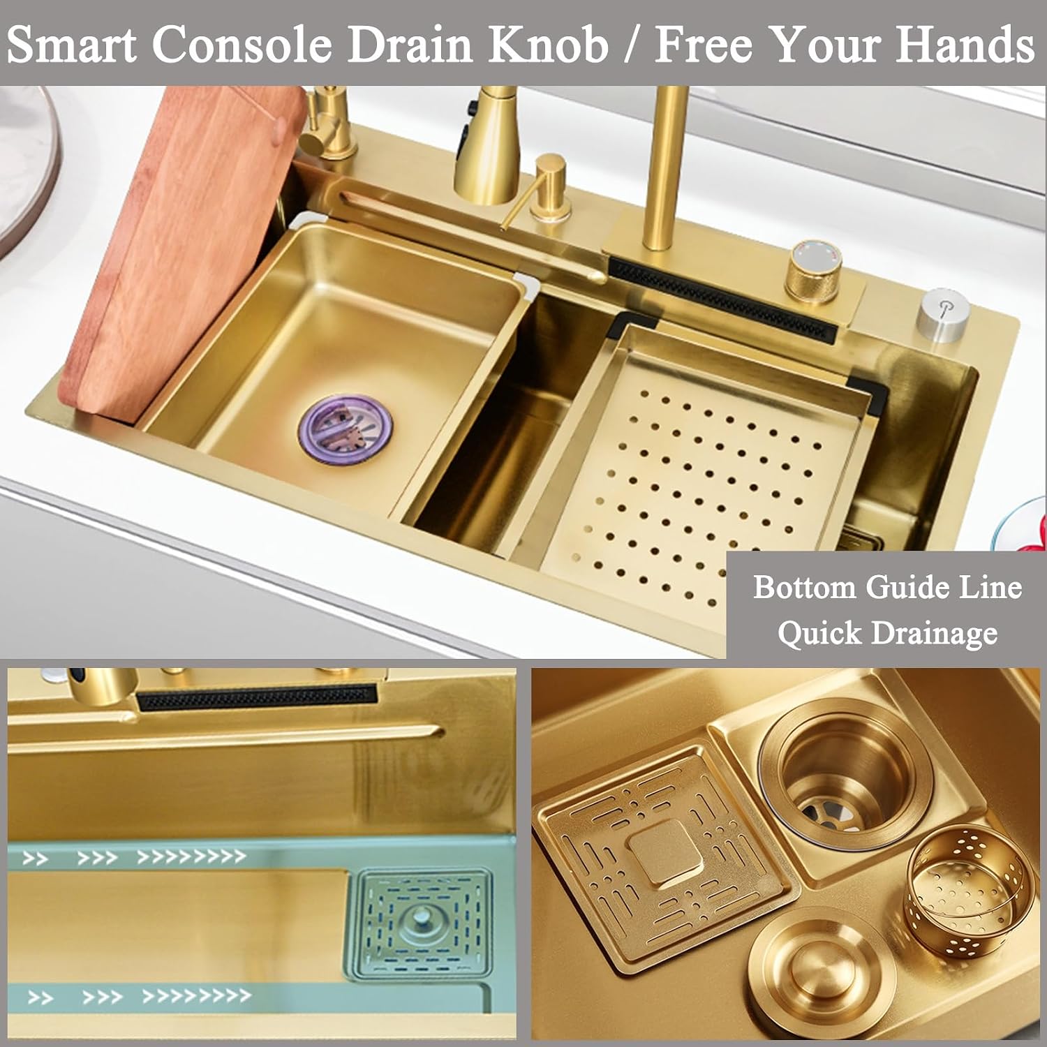 Waterfall Kitchen Sink Top-Mount Stainless Steel Kitchen Bar Sink Nano Single Bowl Sink Multi-Function Workstation Sink with Pull-Out Faucet, 2 Drain Basket(
