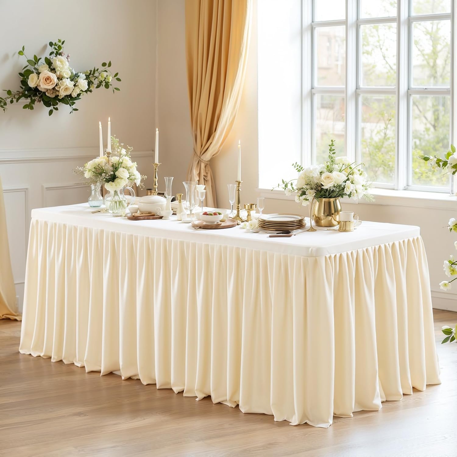 6 Pack Champagne Tablecloths for Rectangle Tables 8ft, Wrinkle Resistant Spandex Tablecover Fitted Stretch Table Cloth with Pleated Ruffle Table Skirts for Party Banquet Dining Birthday Wedding