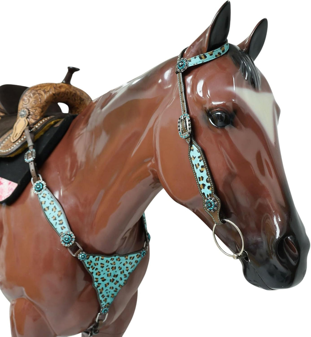 Cheetah Headstall & Breast Collar Tack Set – Gladiator Style with Leopard Print on Leather | Genuine Argentine Cow Leather | Antique Nickel Hardware & Copper Rivet Buckles