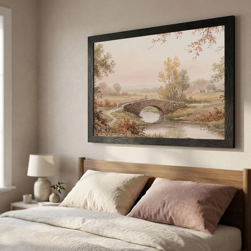 Framed Wall Art - 19th-Century Style Pastoral Landscape Stone Bridge in Black Frame - Vintage Watercolor Aesthetic Home Decor - Premium Art Print - 24x36 Inch