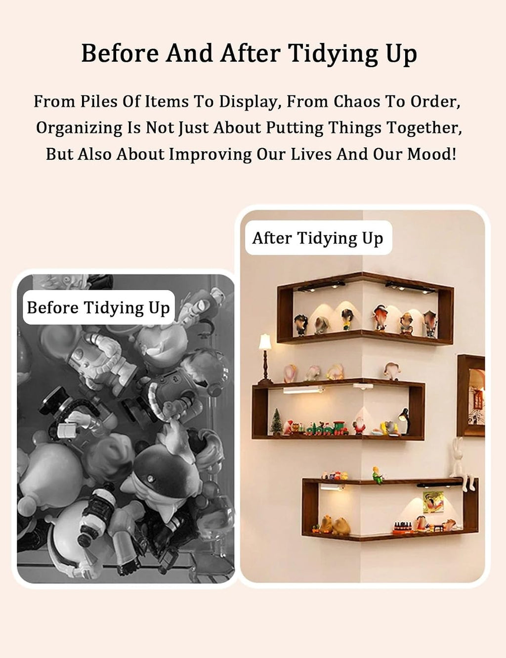 Wall Mounted Corner Shelf - Floating Shelves Save Space with Light Corner Display Shelf Stand Dustproof Storage, Heavy Duty Floating Shelves with LED Lights