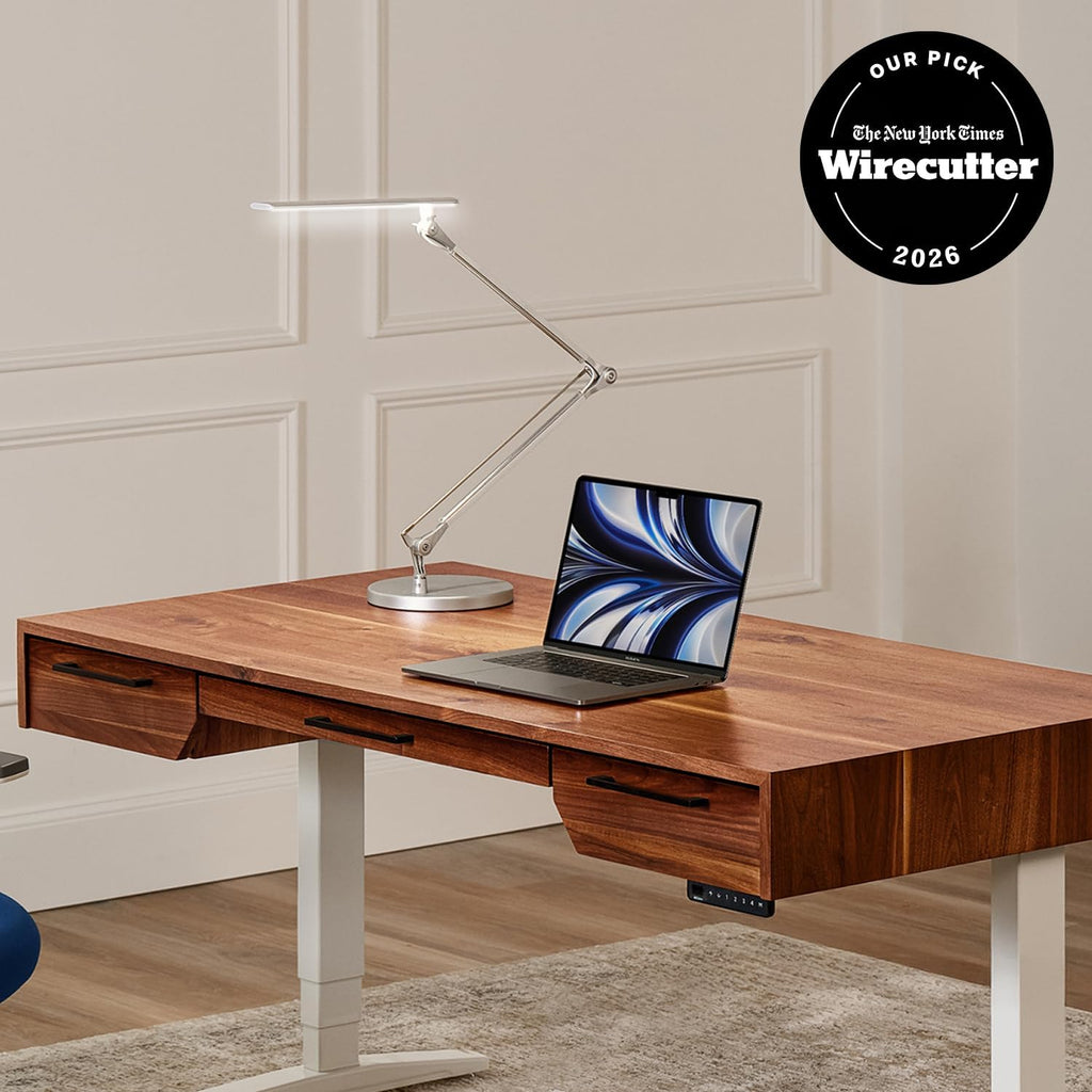 UPLIFT DESK E7 LED Desk Lamp – Adjustable 3 Color Modes, Dimmable Home Office Desk Light for Standing Desk, Dual Monitors, Aluminum Task Lamp (Silver Lamp, Silver Base)