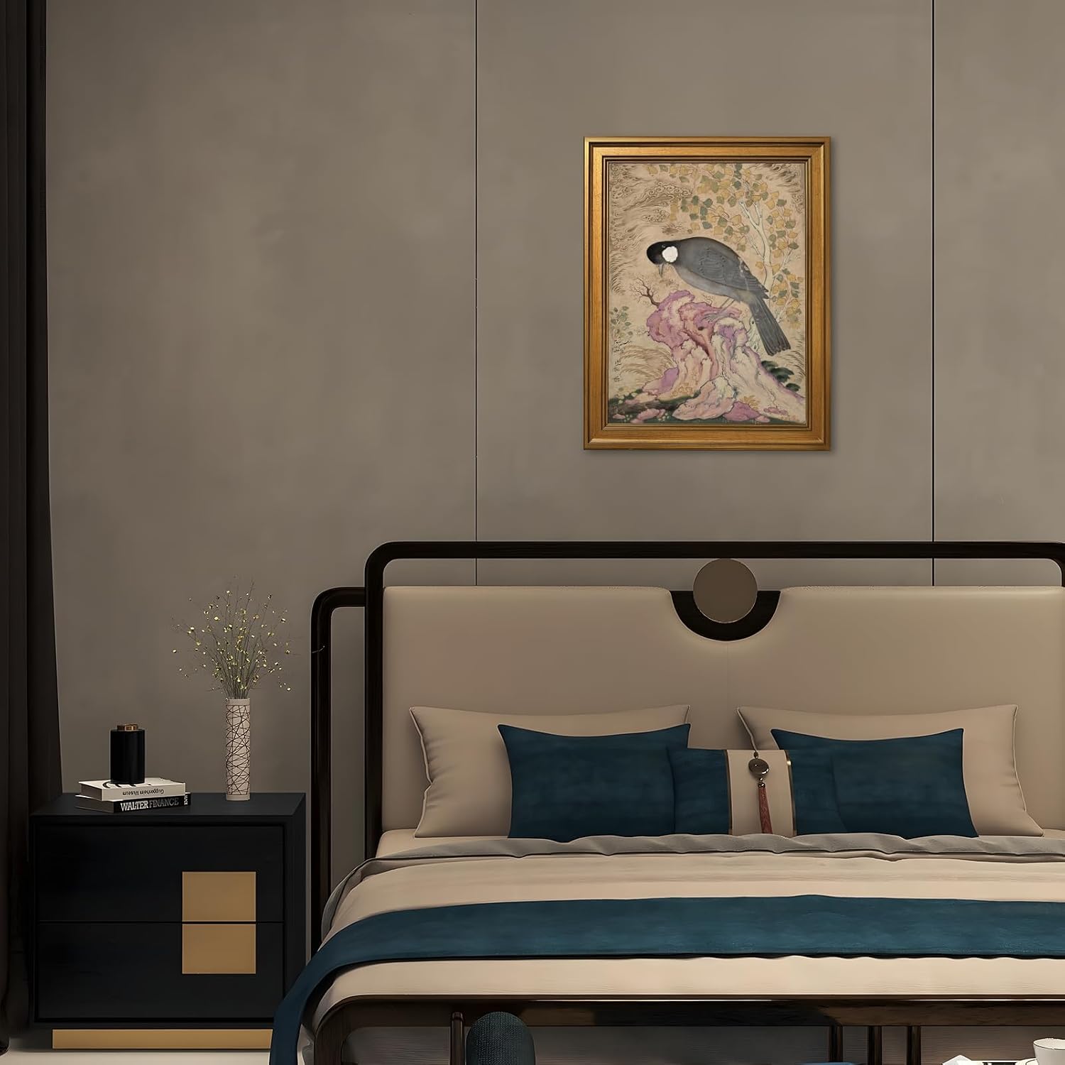Classic Floral Wildlife Wall Art Vintage Academia Bird on Pink Rock Canvas Print Abstract Boho Nature Animal Posters for Office Bedroom Apartment Trendy Home Wall Decor-24x36inch Golden frame