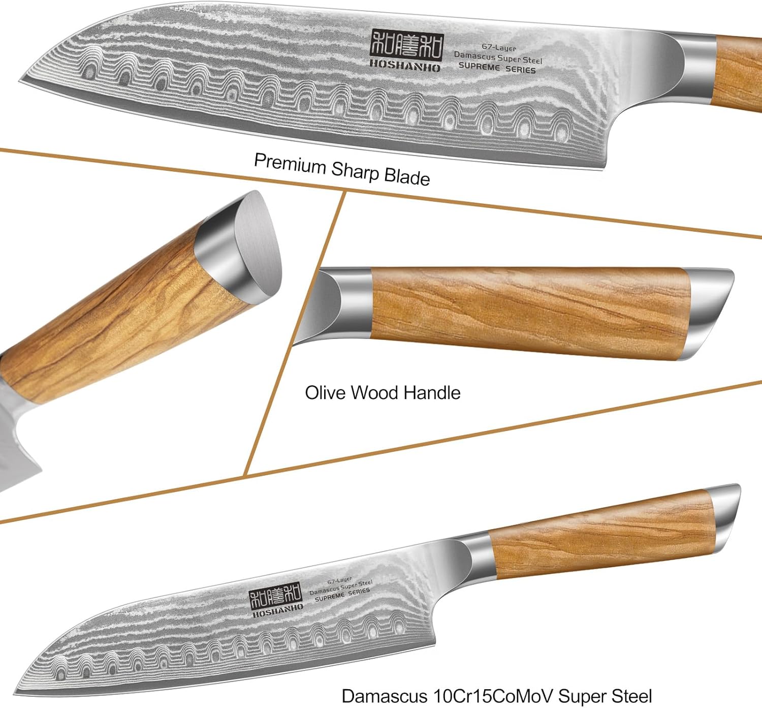 HOSHANHO Damascus Kitchen Knife Set 3-Piece, Ultra Sharp 8' Chef Knife, 7' Santoku Knife, 3.75' Paring Knife, Professional 10Cr15CoMoV Damascus Super Steel Chef Knife Set with Ergonomic Handle