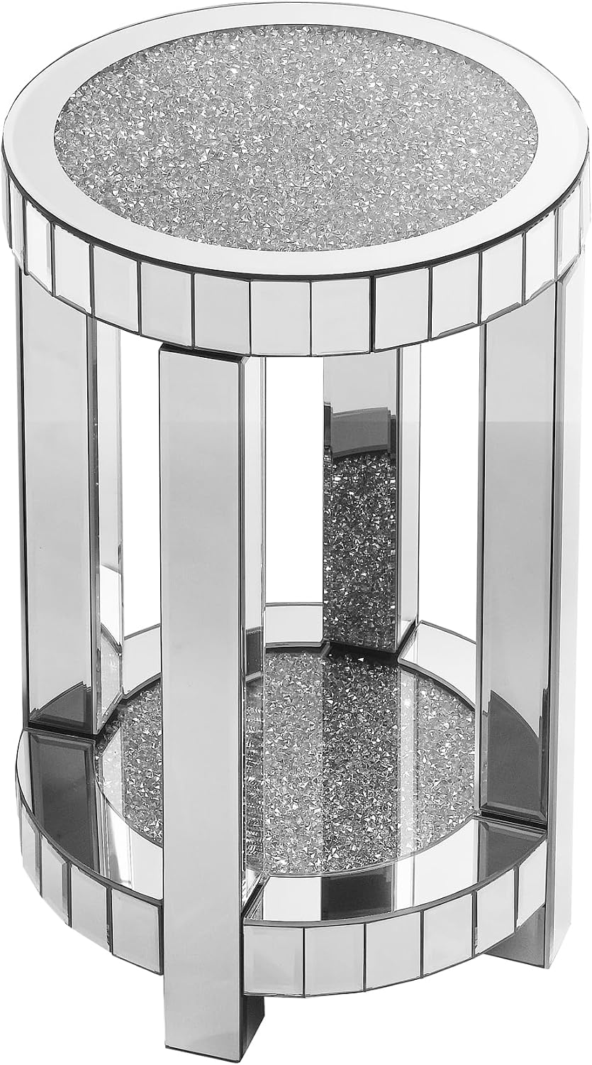 Mirrored Round End Table with Crystal, 2-Layer Modern Small Sofa Table with Storage Space, Silver Decorative Table for Living Room, Bedroom