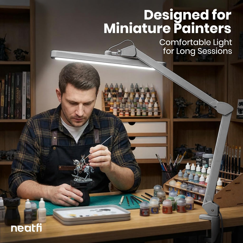 Neatfi XL 2,500 Lumens 30W LED Task Lamp for Manicure Table, Crafts, Workbench, Office – 22' Wide Shade Desk Light | Eye-Caring 6500K | 4-Level Brightness (Silver, Non-CCT with Clamp)