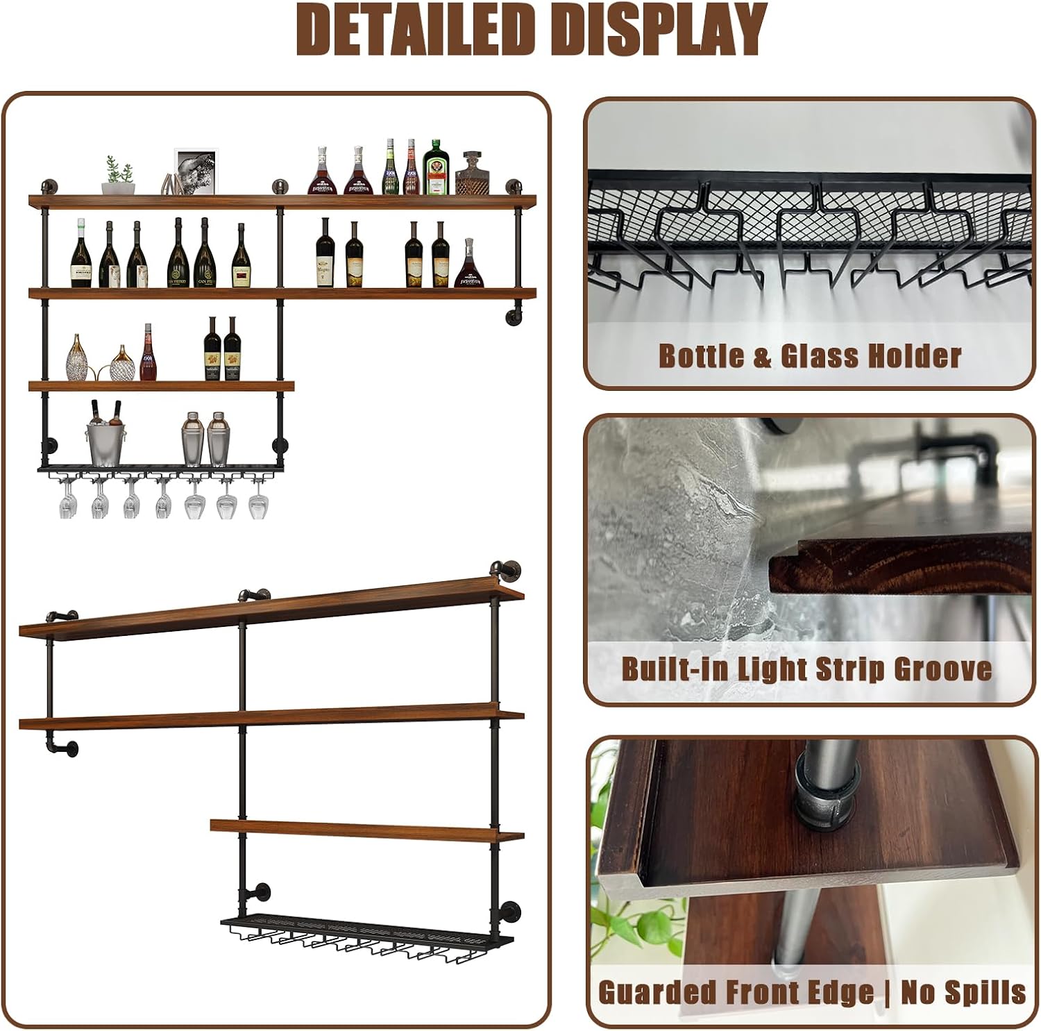 Solid Wood Wall Mounted Wine Rack, Large Wine Rack with LED Light, 4 Tiers Liquor Bottles Floating Shelves with Glass Holder, Industrial Bar Shelves for Home Bar Dining Room(51.2 in/ 130CM)