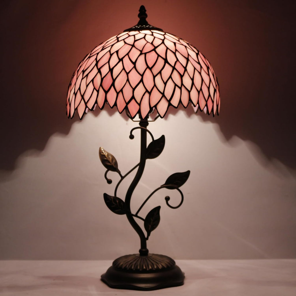 Tiffany Table Lamp, Stained Glass Desk Light, W12H19 Inch, Metal Leaf Base (Pink Wisteria)
