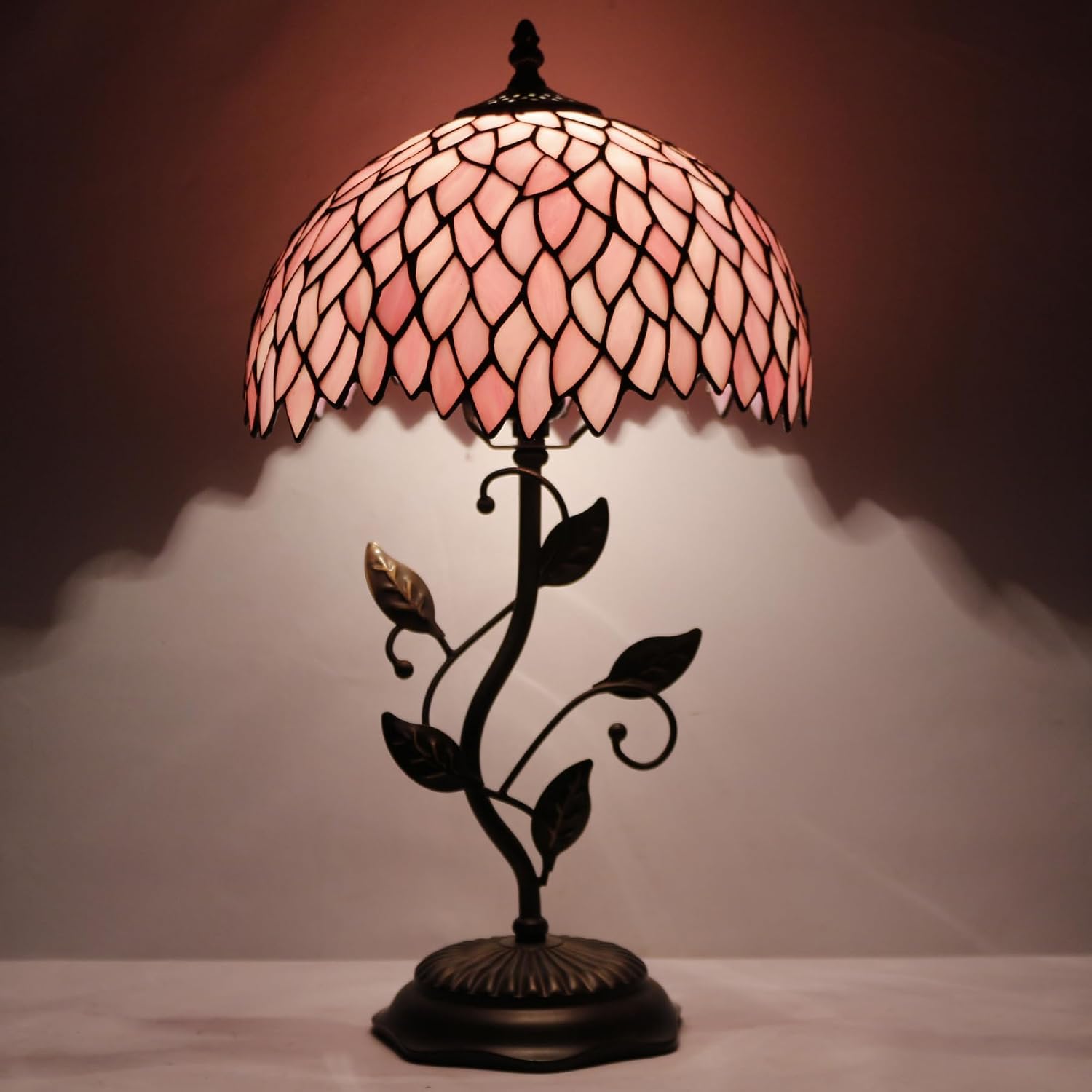 Tiffany Table Lamp, Stained Glass Desk Light, W12H19 Inch, Metal Leaf Base (Pink Wisteria)