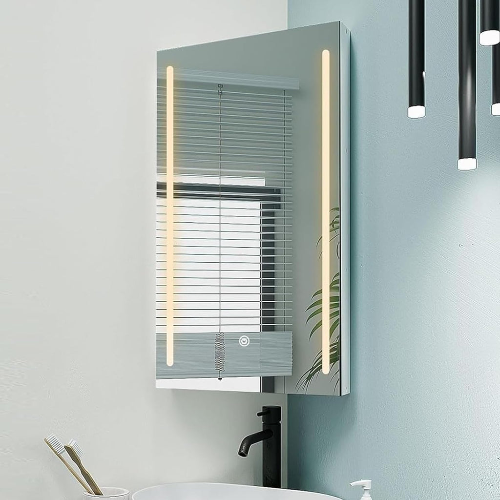 Corner Medicine Cabinet Mirror with Lights,Lighted Medicine Cabinet with Mirror,Led Mirror Cabinet for Bathroom,16x 24 Small Corner Wall Cabinet,White
