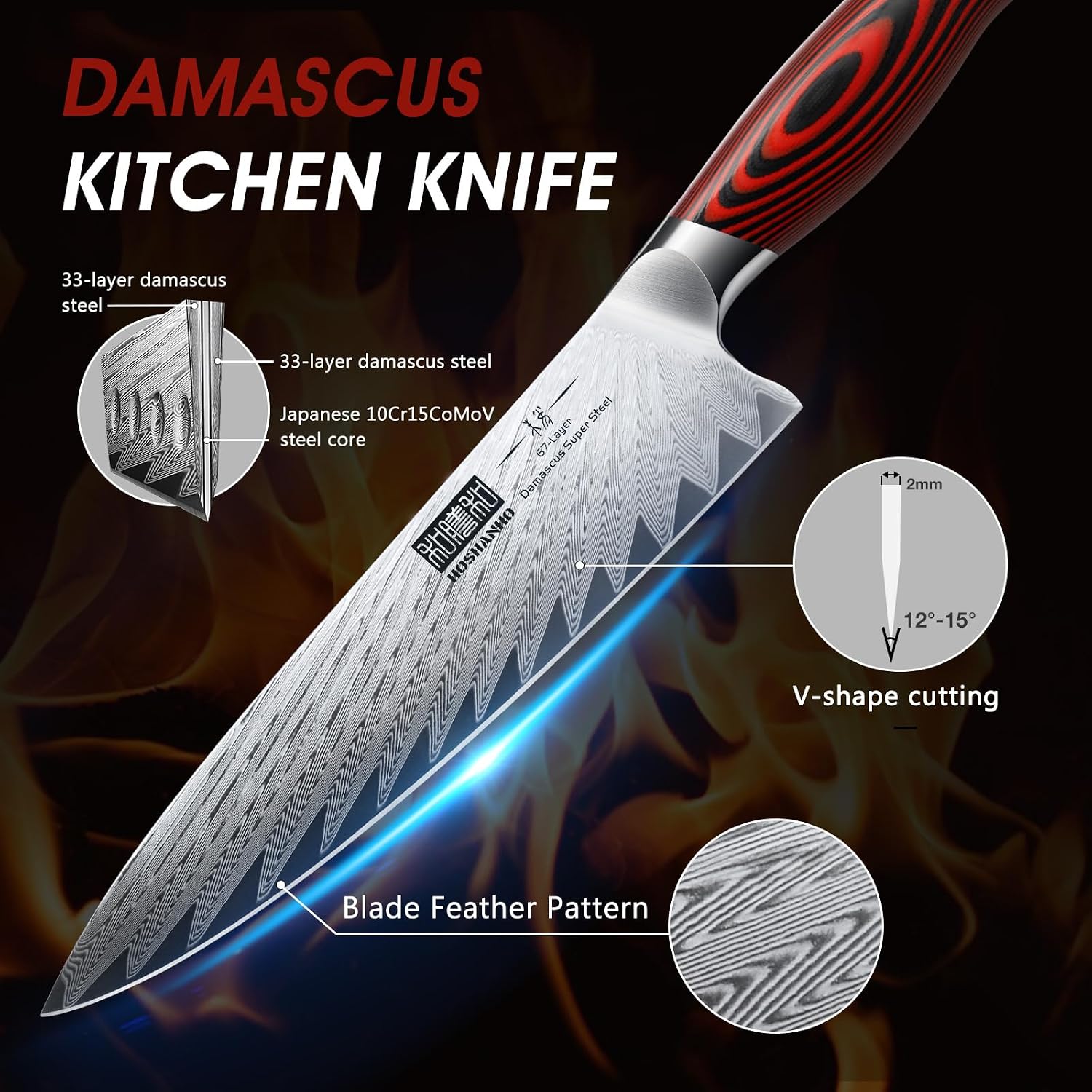 HOSHANHO Kitchen Knife Set with Block, 7 Pieces Chef Knife Set 67 Layers Damascus Steel Professional Knife Set for Cooking, Ergonomic G10 Handles with Sharpener