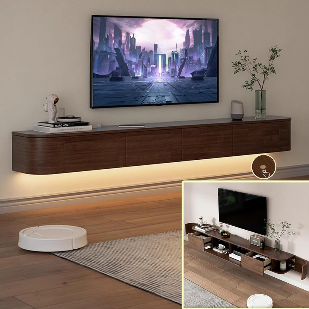 Floating TV Stand Large Floating TV Shelves Wall Mounted Multi Storage Compartment TV Media Console Floating TV Cabinet Bench Under TV Large Storage (Brown with LED, 78.7 * 7.9 * 11.8IN)