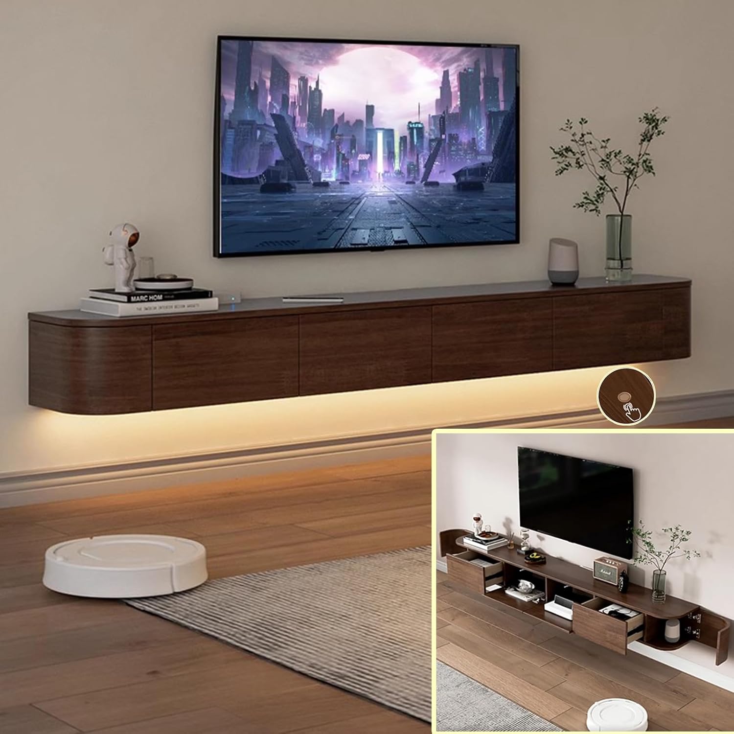 Floating TV Stand Large Floating TV Shelves Wall Mounted Multi Storage Compartment TV Media Console Floating TV Cabinet Bench Under TV Large Storage (Brown with LED, 63.0 * 7.9 * 11.8 in)