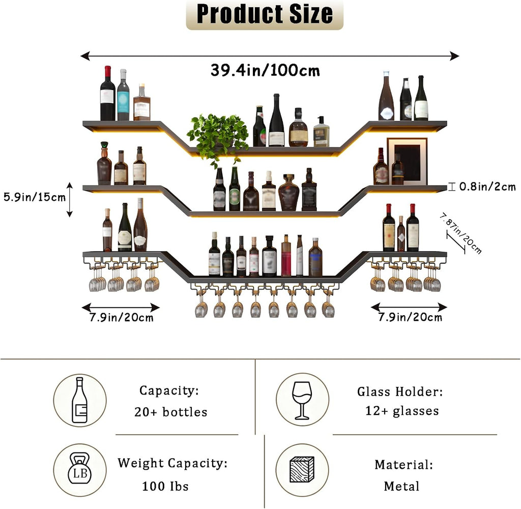 39.4in Modern LED Wine Rack Wall Mounted, 3-Tier Floating Bar Shelves with Wine Glass Rack, Large Hanging Liquor Shelf Wall Mounted, for Home Bar Dining Room Cafe Decorative (Black, 39.4in/100cm)