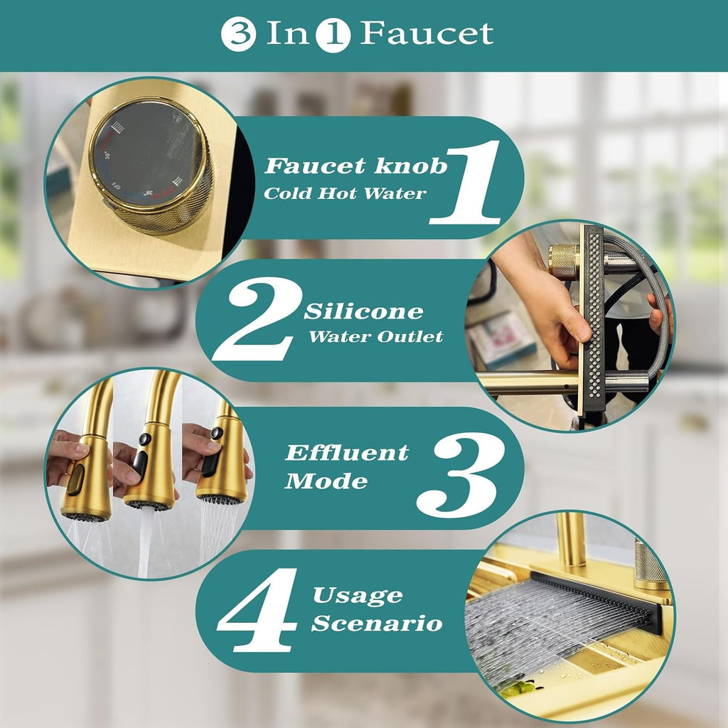 Gold Nano Kitchen Waterfall Sink Set With Multi-Function Pull-Out Faucet Complete Versatile Workstation Bar Prep Sink Bundle Deep Single Bowl Sink Space-saving Sink ( Color : Gold , Size : 68x45cm )