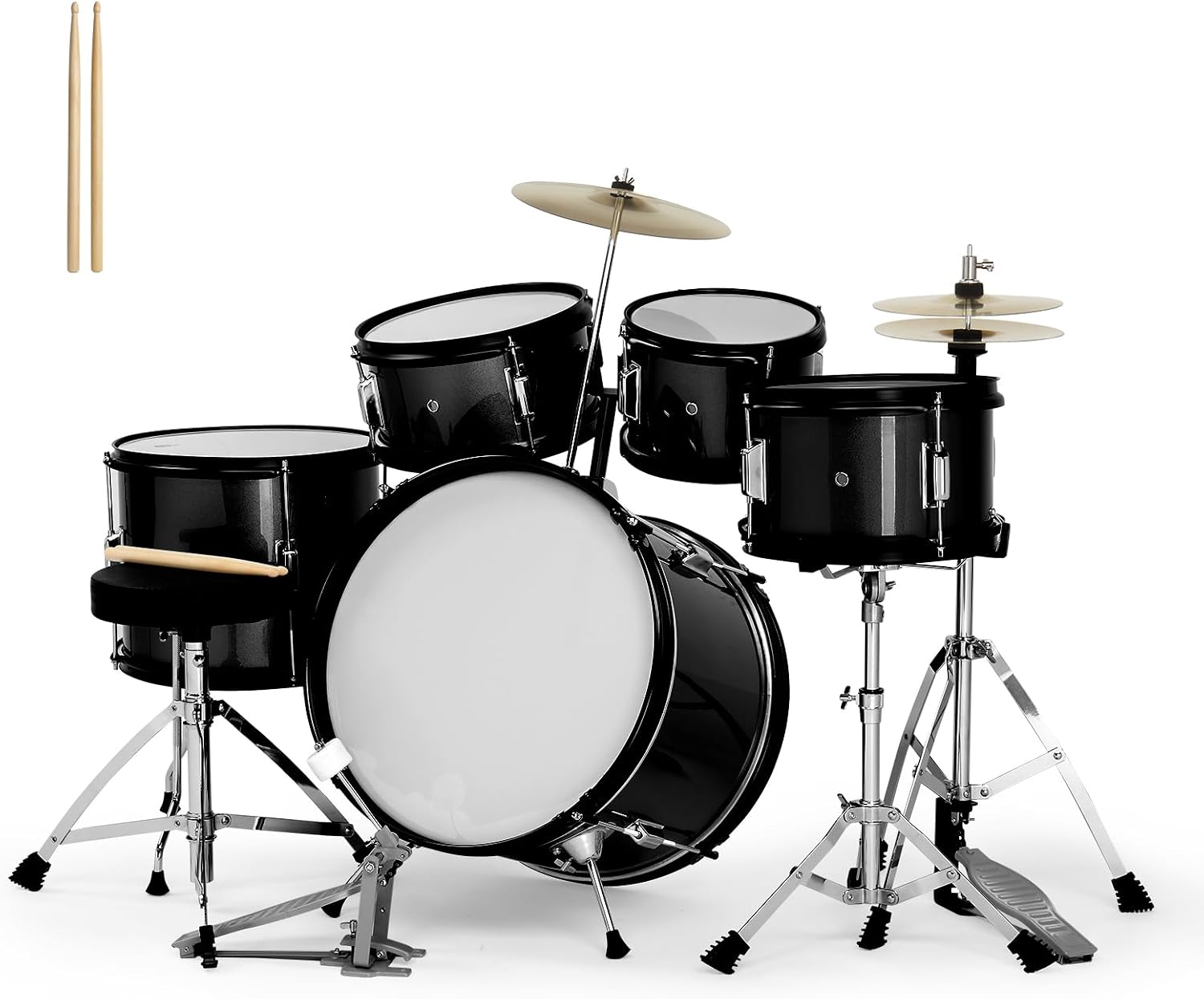 Ktaxon 5-Piece Complete Junior Drums Set, 16 Inch Beginners Drum Kit with Throne Stool, Pedal & Drumsticks, Drums Musical Instruments W/Cymbal, Hi-Hat, Floor, Tom and Snare Drum (Black)