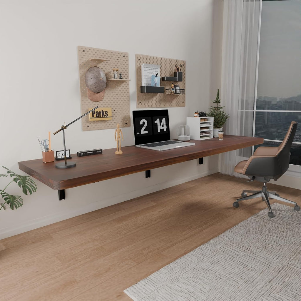IAE Wall Mounted Folding Table with Pine Wood,55' x 16' Floating Wall Desk,Laundry Folding Table with Shelf Brackets,Fold Down Desk Shelf,Folding Workbench for Home,Dining,Laundry Room,Kitchen,Brown